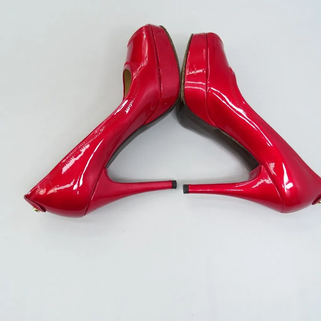 Stuart Weitzman Candy Apple Red Patent Leather‎ Peep-Toe Pumps Size 7 N Platform - Image 6