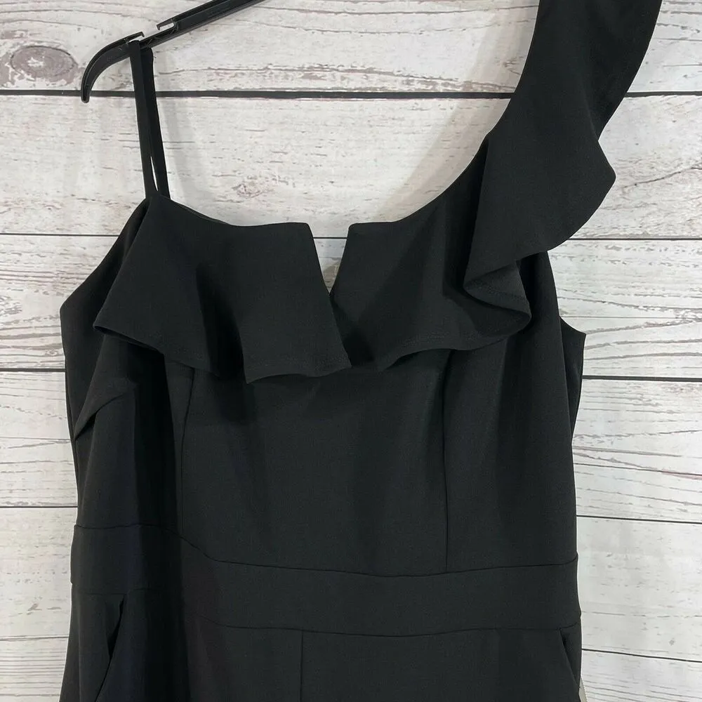 Teeze Me SZ 24 Jumpsuit Ruffled One-Shoulder V-Neck Pockets Wide Leg Stretch New - Image 4