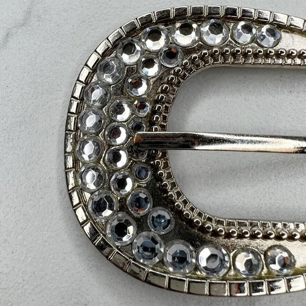Silver Tone Rhinestone Bling Simple Basic Belt Buckle - Image 3