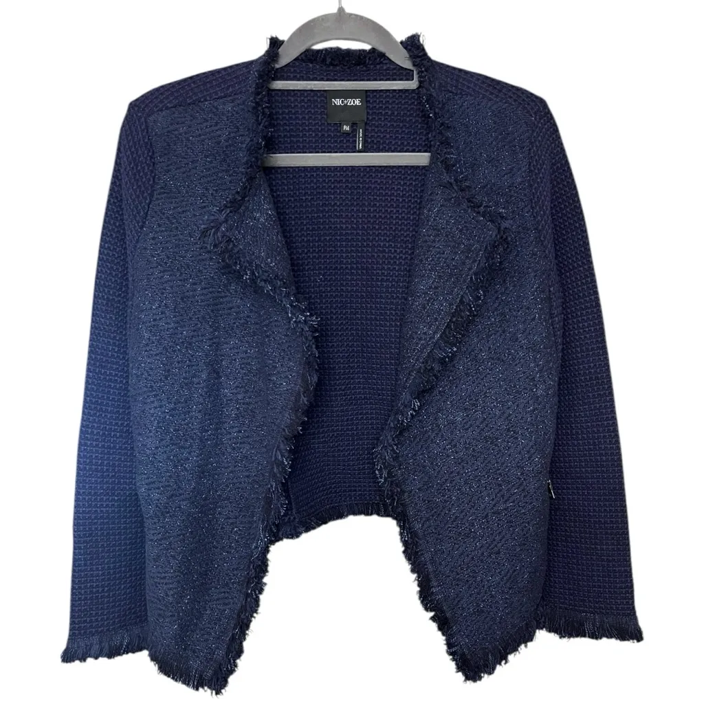 Nic + Zoe Mila Frayed Detail Tweed Open Front Zip Pocket Jacket Medium Petite - Image 3