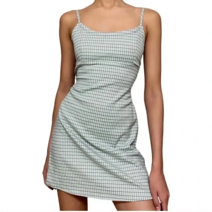 John Galt Plaid Shift Dress Mini White Gingham Preppy Pistachio Green Picnic - Image 2