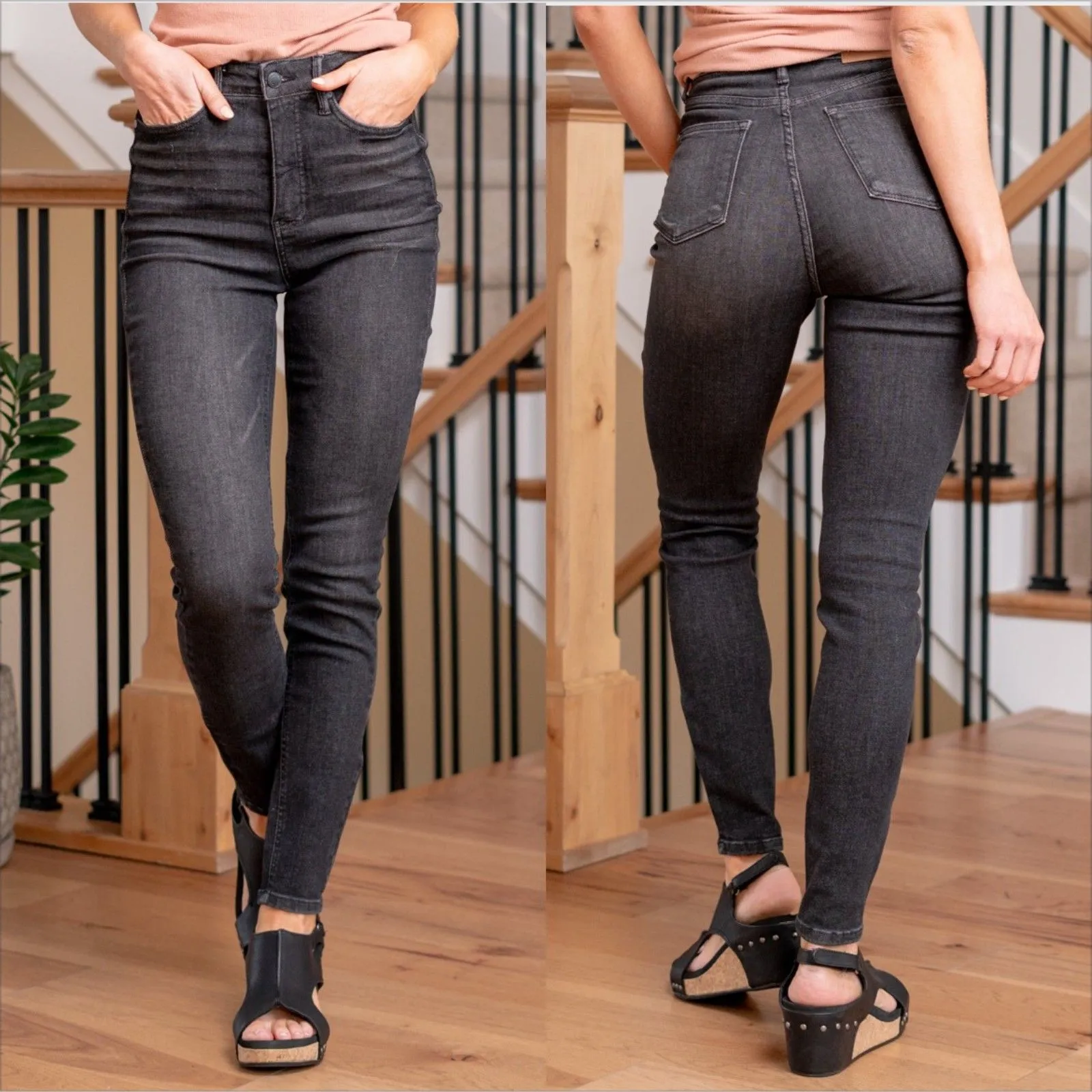 Judy Blue Tummy Control Black Wash Skinny Jeans Size 15/32 Stretch High Rise - Image 2