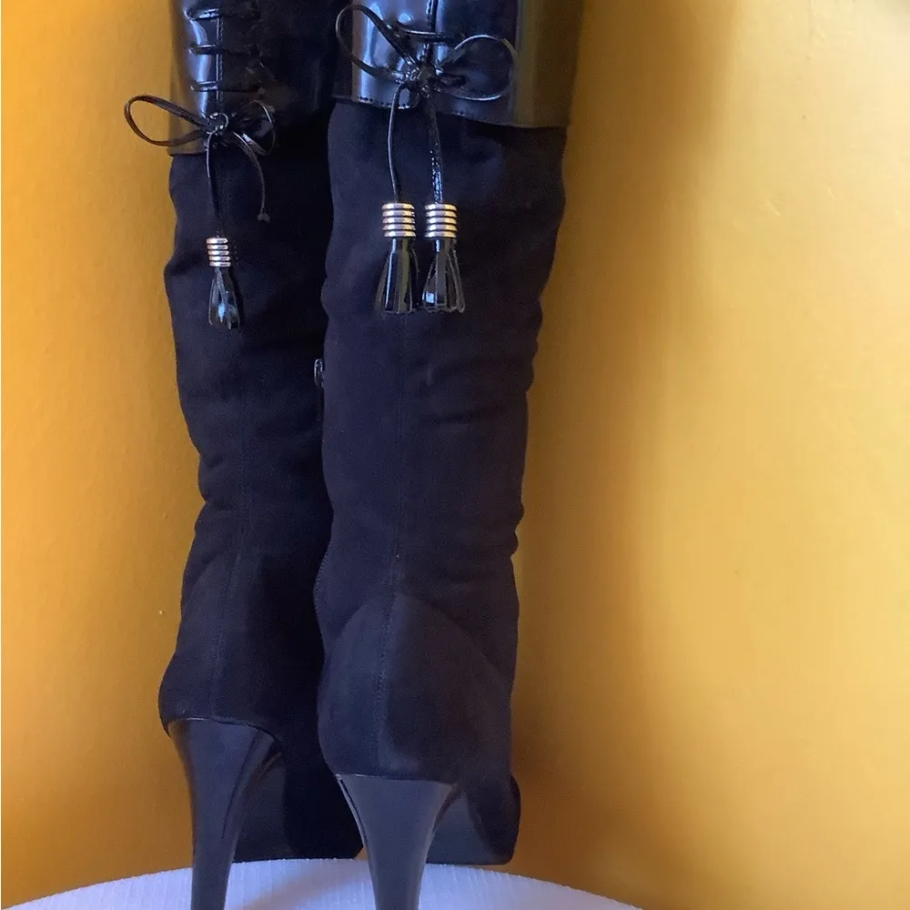 BCBGirls black synthetic with patent leather high heel tassel boots size 7.5 - Image 7