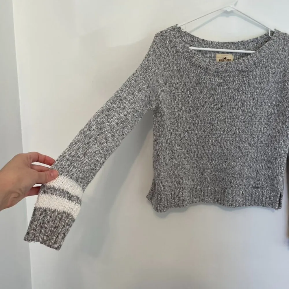 HOLLISTER Gray White Marled Varsity Stripe Cotton Blend Cropped Crop Sweater XS - Image 7