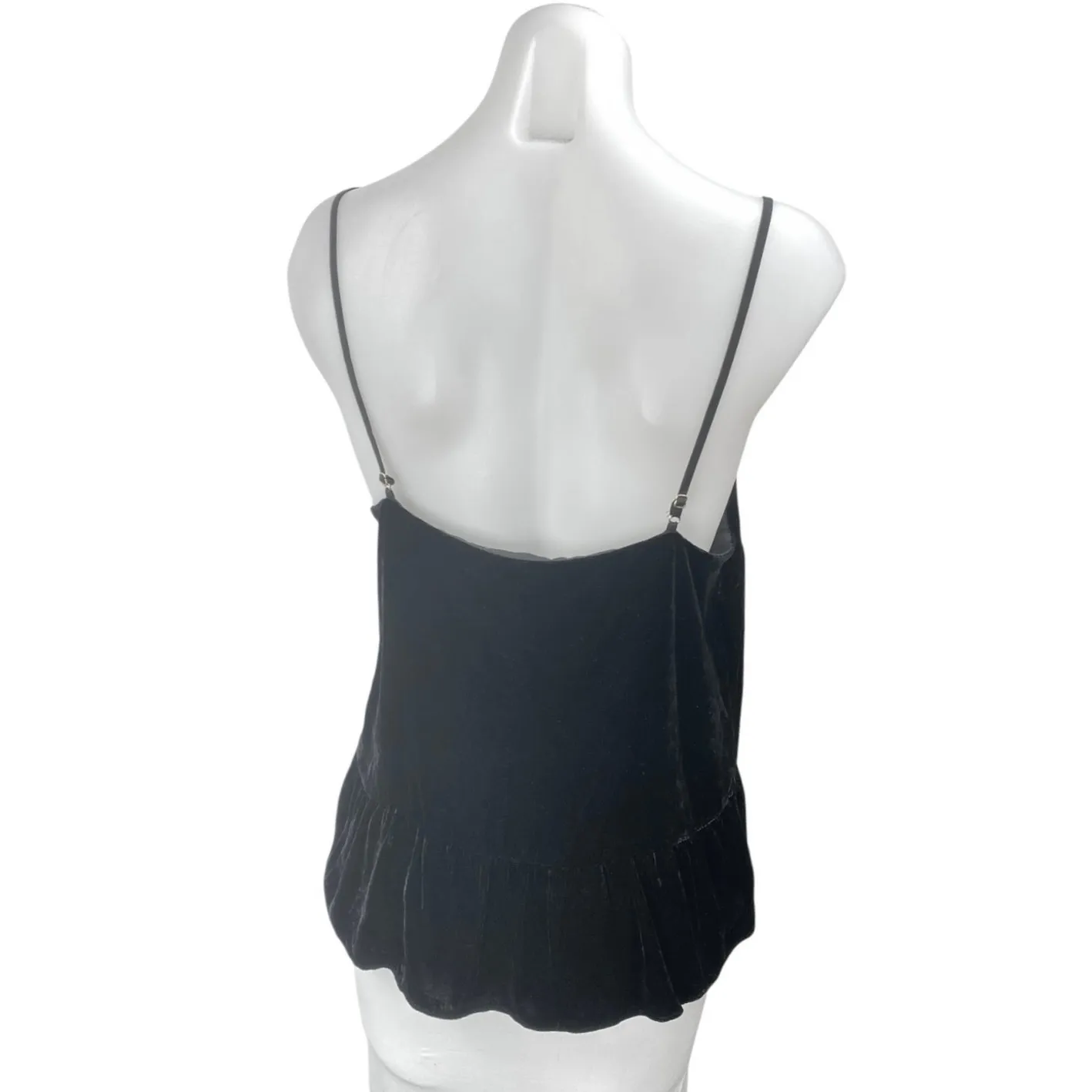J.Crew Black Velvet Velour Sleeveless V Neck Ruffle Cami Camisole Tank Top Sz 8 - Image 3