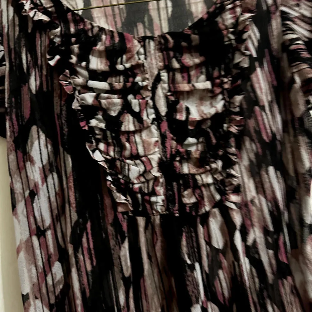 Y2K The Limited Women's Patterned Nylon Mesh T Shirt Top sz S Small Ruffled Neck - Image 3