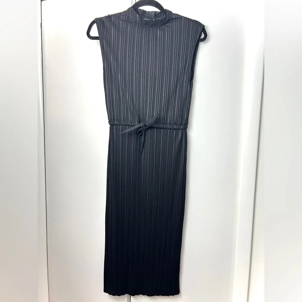 Zara High Neck Crepe Dress with Tie at Waist in Black . NWT - Image 2