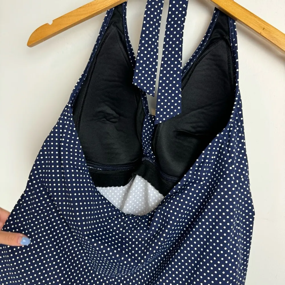 Land’s End Womens Tankini Halter Swim Top Sz 18D Polka Dot Print Navy Blue White - Image 11