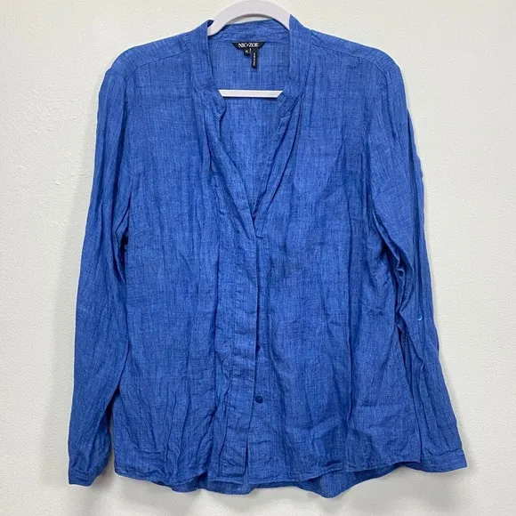 Nic+Zoe Women’s Petite Large Linen Blue 3/4 Button Down Top Blouse Breathable - Image 1