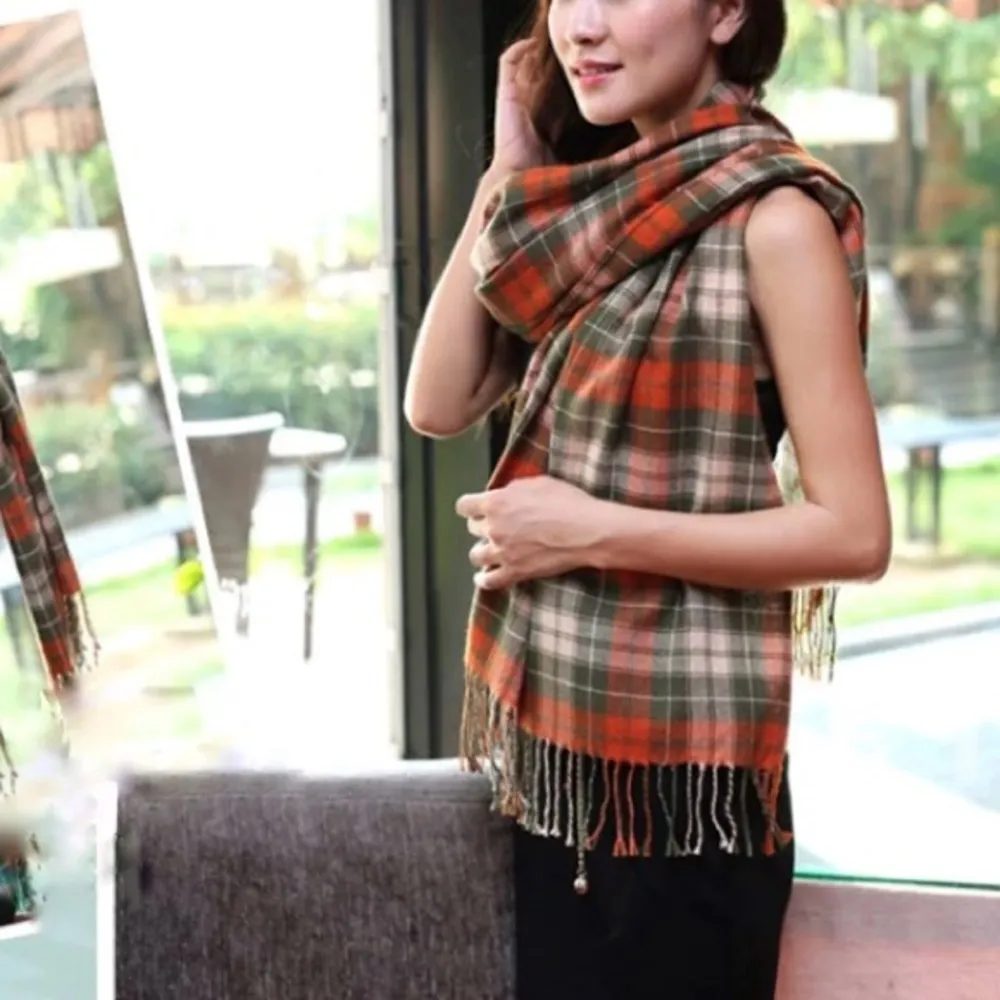 Orange Green Plaid Fringe Scarf Wrap Fringe New - Image 2