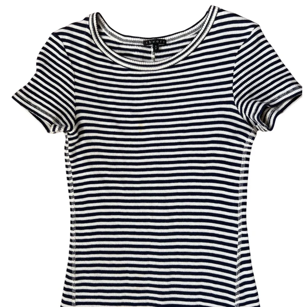 Theory Onissa Striped 100% Cotton Ribbed Mini Dress Small Navy White Coastal EUC - Image 4