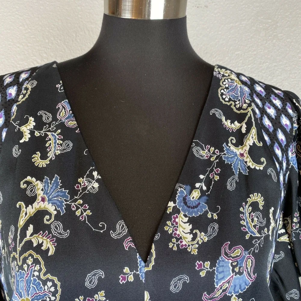 Rebecca Taylor Paisley Floral Dress 12 Black Blue Silk Short Sleeve Pocket VNeck - Image 3