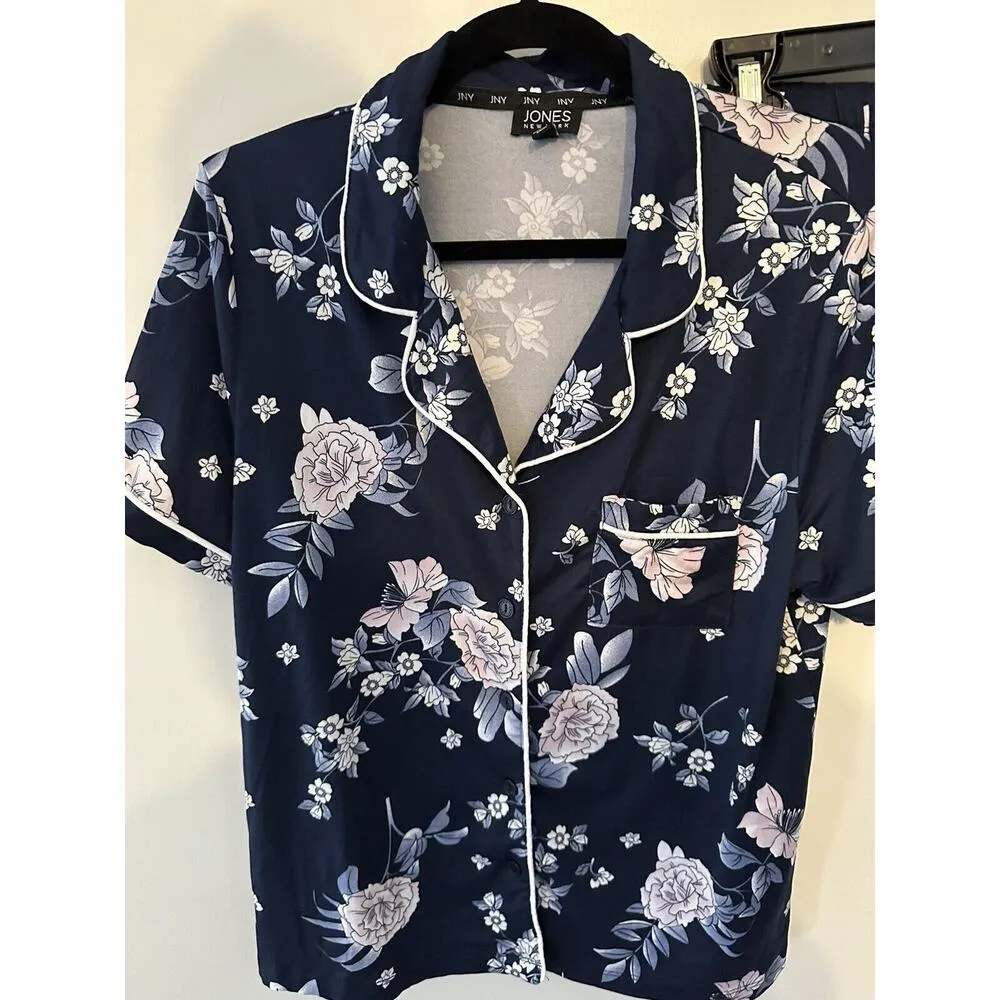 LJONES NEW YORK Navy Blue Floral Print Pajamas Shirt/Short Set Size Medium - Image 2
