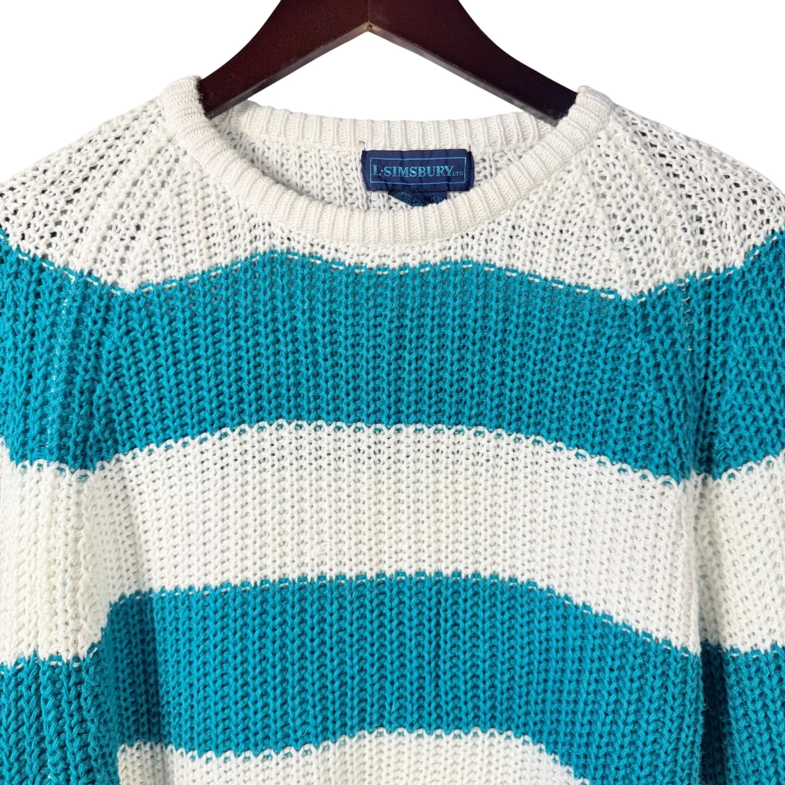 Vintage L'SimSBURY Striped Chunky Knit Sweater M Green Teal White Cotton Blend Size M - Image 5