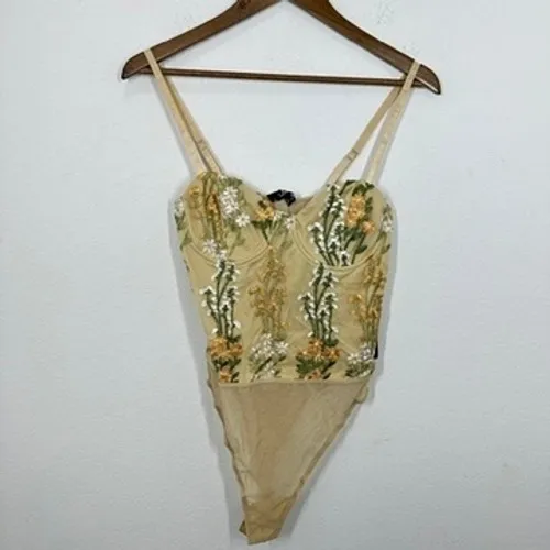 Lulus Beige Embroidered Floral Corset Bustier Bodysuit Sheer Size L NWT - Image 2