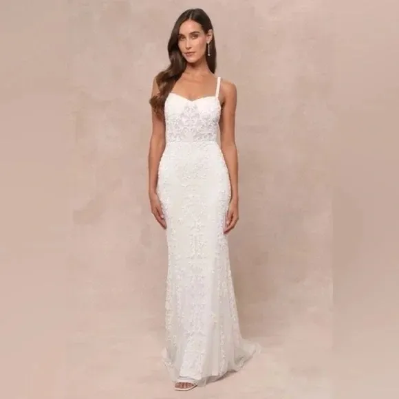 Lulus Momentous Love White Beaded Bustier Mesh Mermaid Maxi Dress Size L Size L - Image 11
