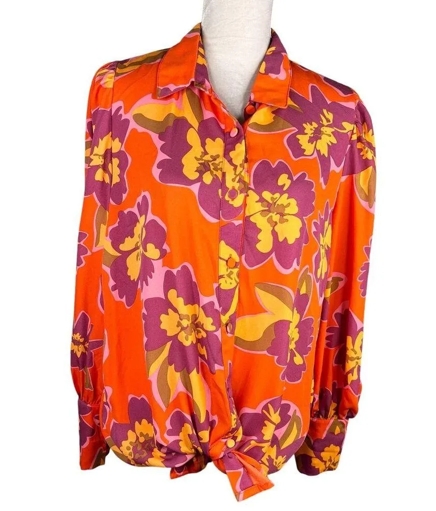 BTFBM Retro Button Down Large Shirt Top Bright Colors Lapel V Neck Orange - Image 3