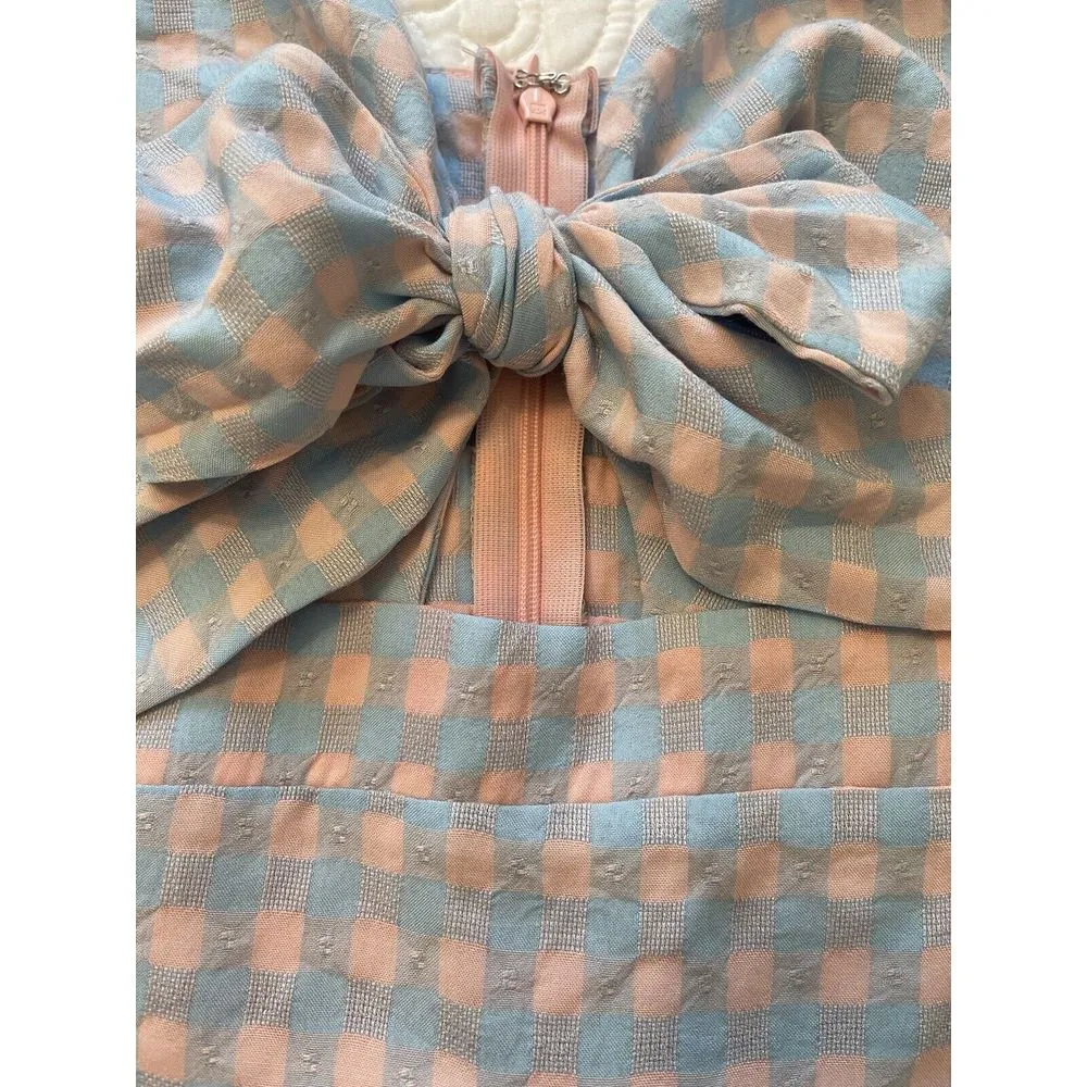 Storia Dress Mini Size S Pink Blue Gingham‎ Sweetheart Neckline Bow Ruffles NWT - Image 8