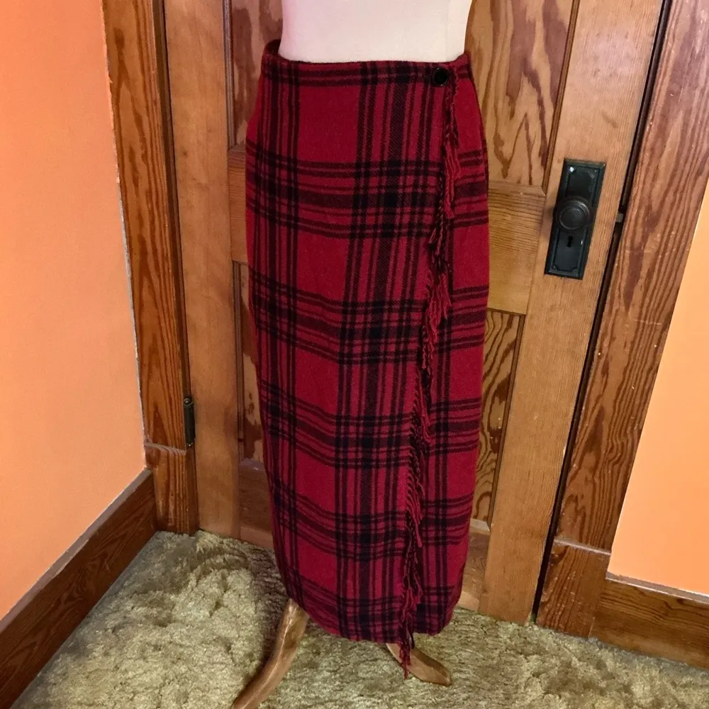Vtg 90s wool plaid fringed wrap skirt Red Size 10P - Image 12