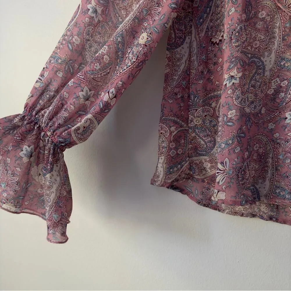 Show Me Your MuMu Sheer Long Sleeve Peasant Top Floral Paisley Lace Up Neckline - Image 7