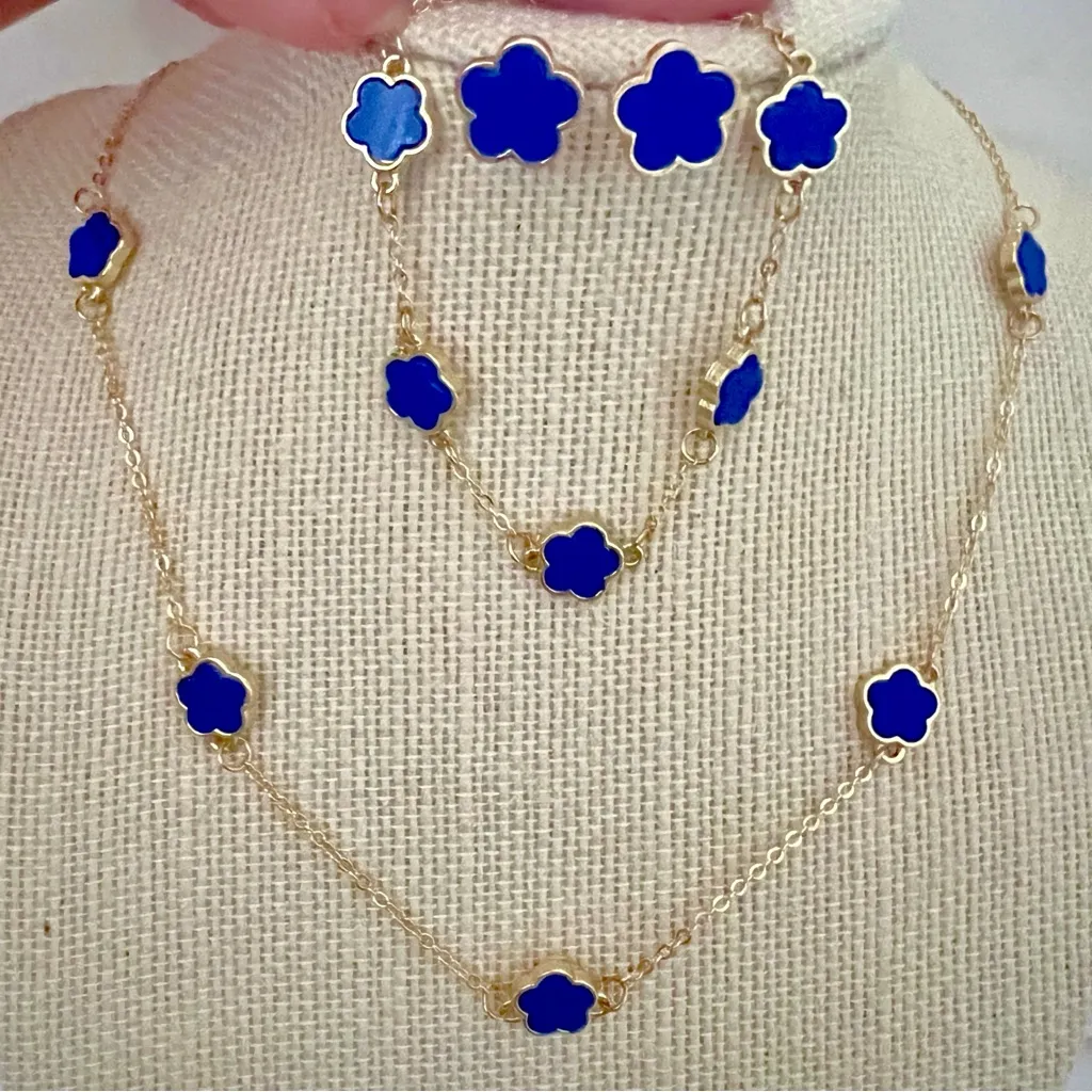 18K Gold Plated blue clover necklace Jewelry Set womens - Image 6