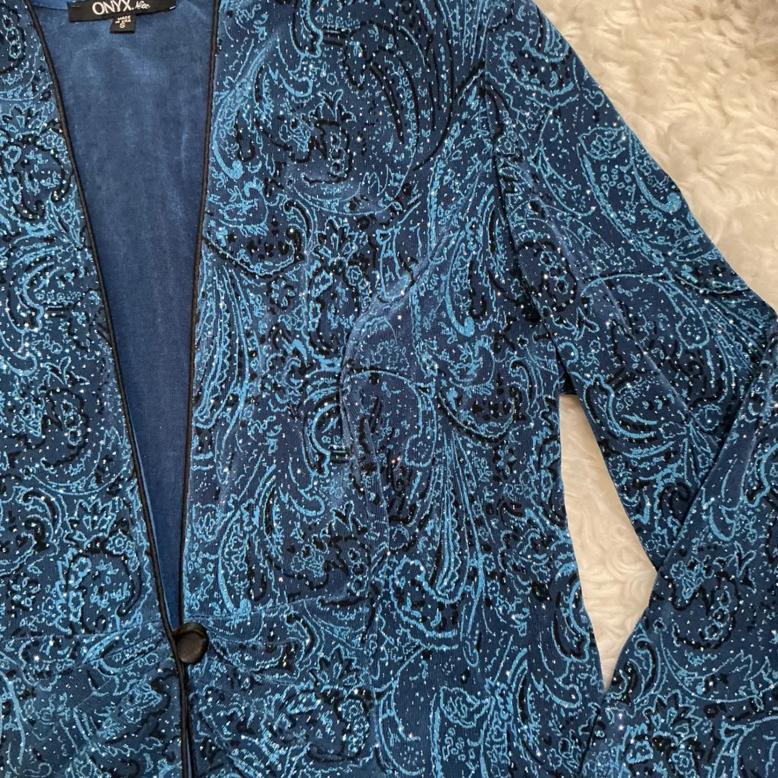 ONYX Nite Blue Paisley Sparkle Rhinestone Open Front Blazer Jacket Women S - Image 2