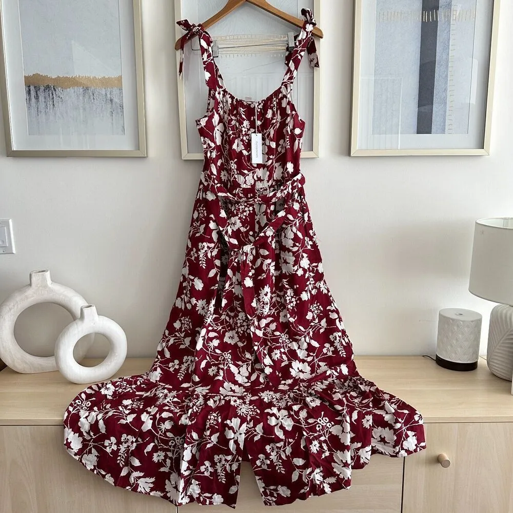 Outerknown Floral Maxi Dress Womens Small Cotton Silk Red White Pockets NWOT - Image 6