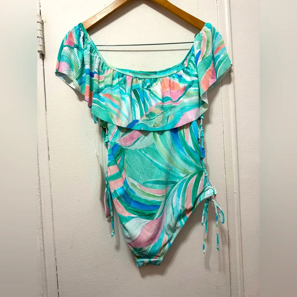 NWT TiniBikini Swimwear Tie-Dye Ribbed One-Piece Swimsuit Ruffles Lace Up Large - Image 6