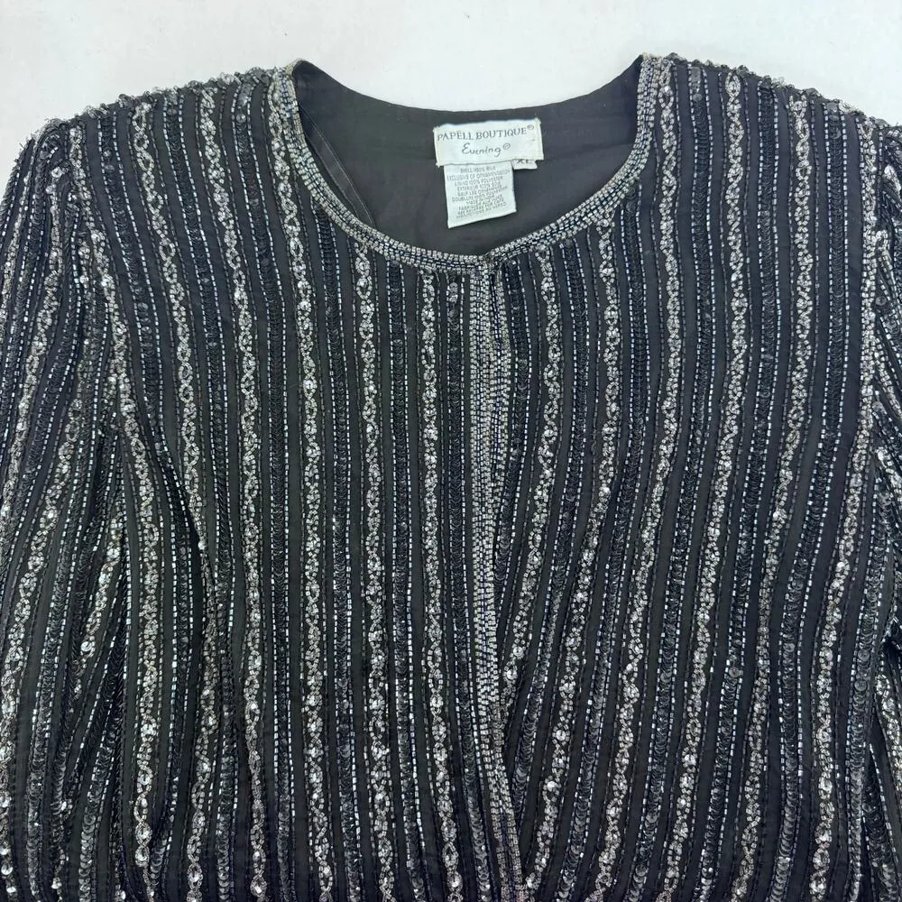 Vintage Papelle Boutique black and silver silk Beaded Evening Jacket size XL - Image 6