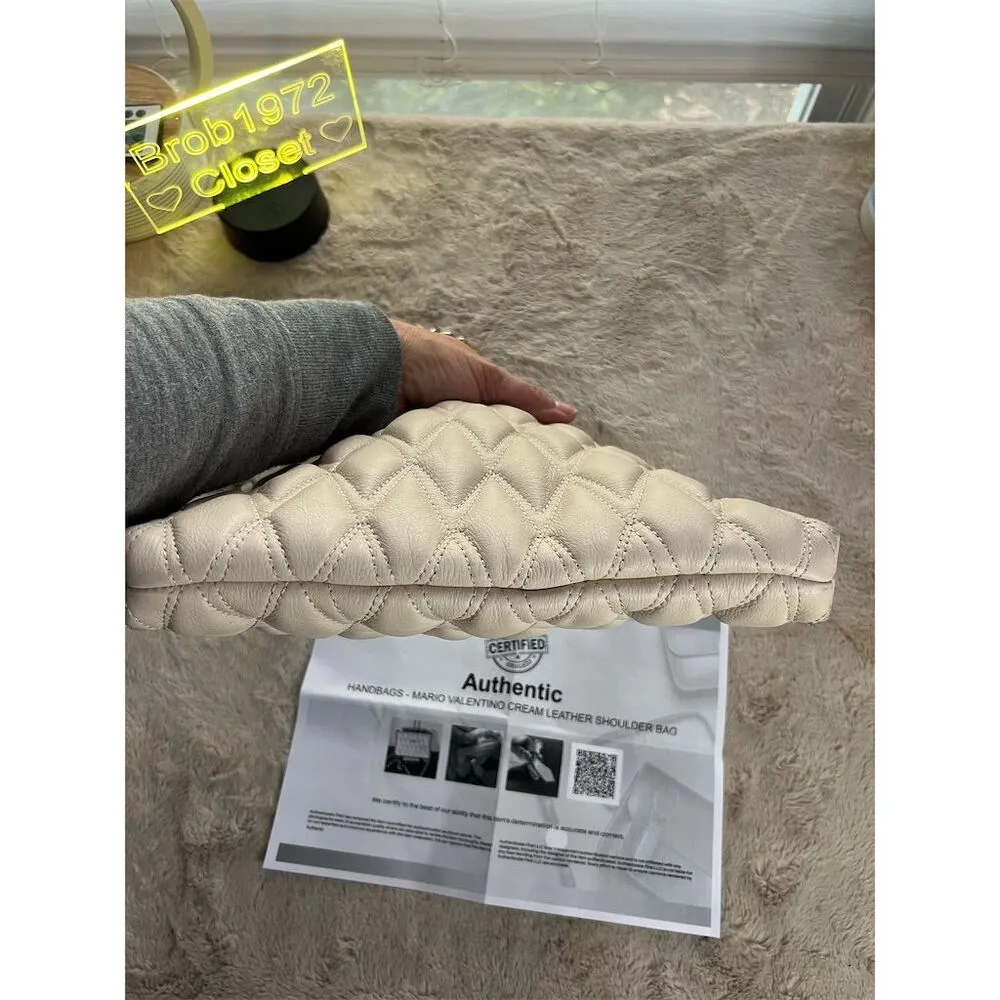 Mario Valentino Women's Quilted Cream Leather Shoulder Bag Medium - Image 8