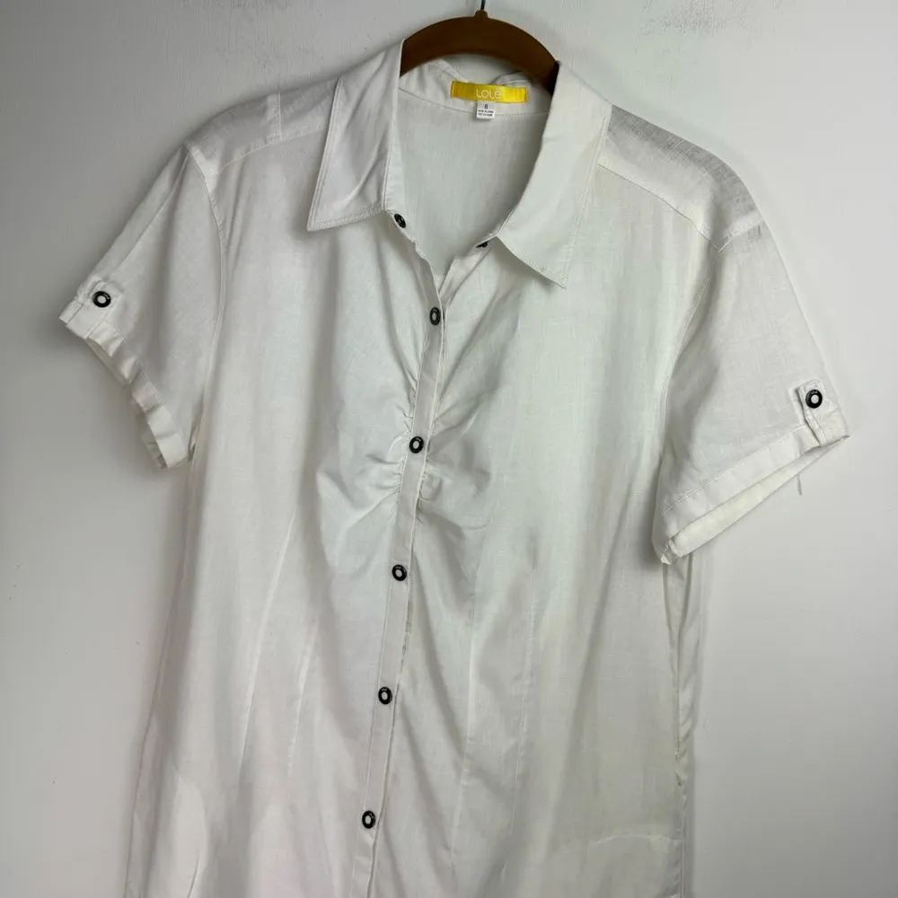 Lole Linen Cotton Blend Shirt Dress Sz 8 White Button Snap Boho Lagenlook - Image 6