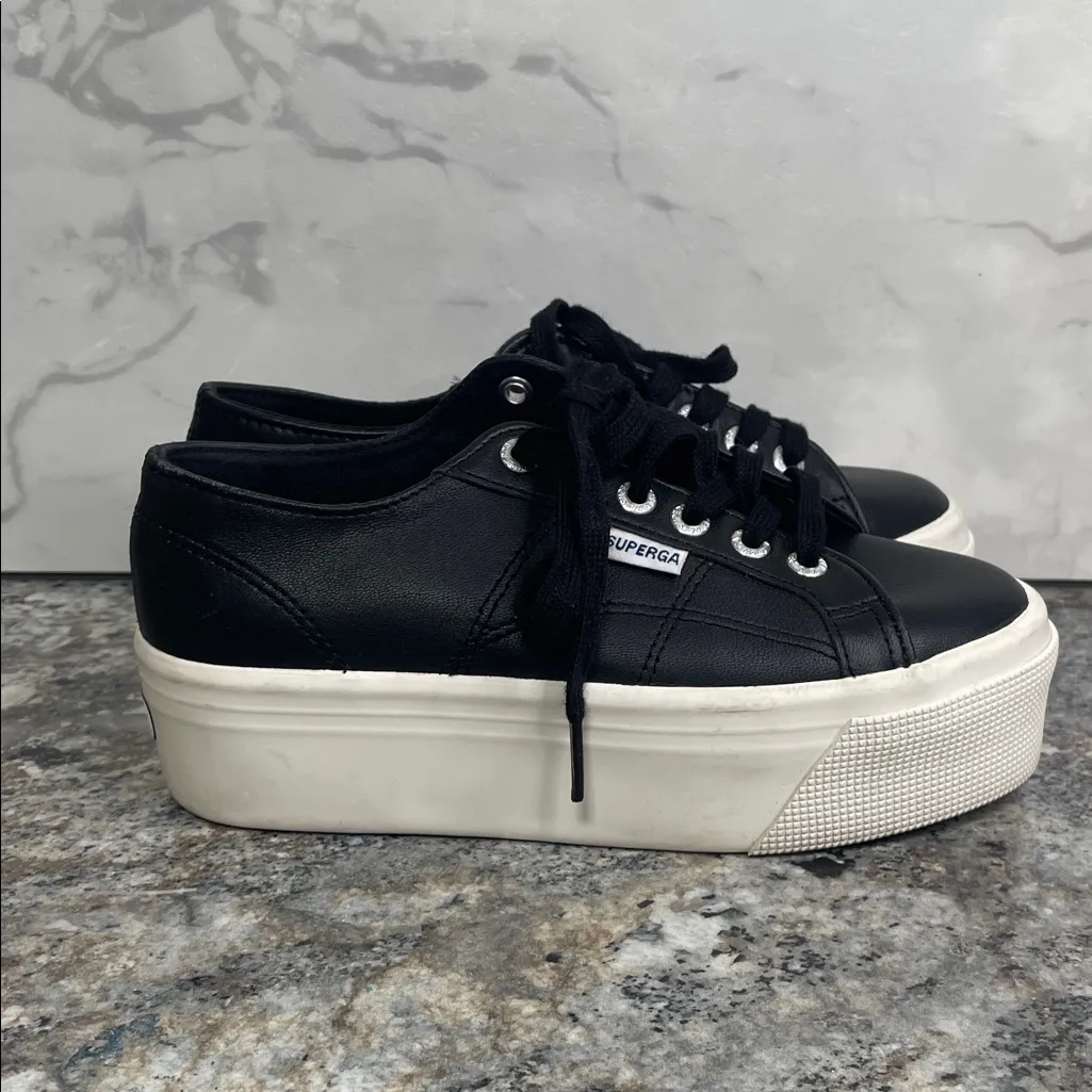 Superga Women's Black and White Platform Sneakers - Image 4