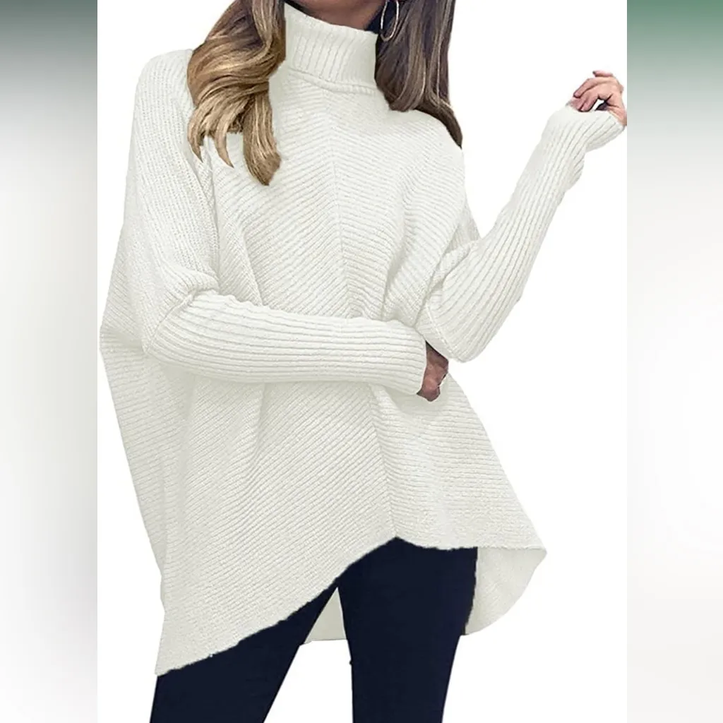 ANRABESS Womens Oversized Turtleneck Batwing sweater White - Image 2