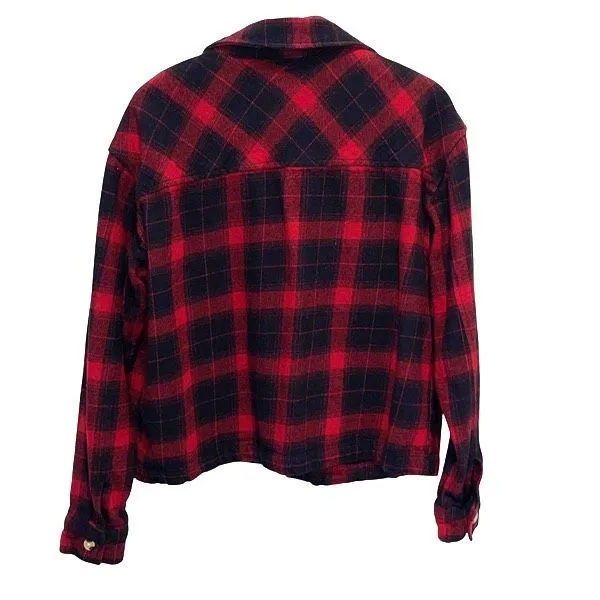 BeachLunchLounge Womens Flannel‎ Plaid Button Down Shacket Red Black Size Large - Image 3