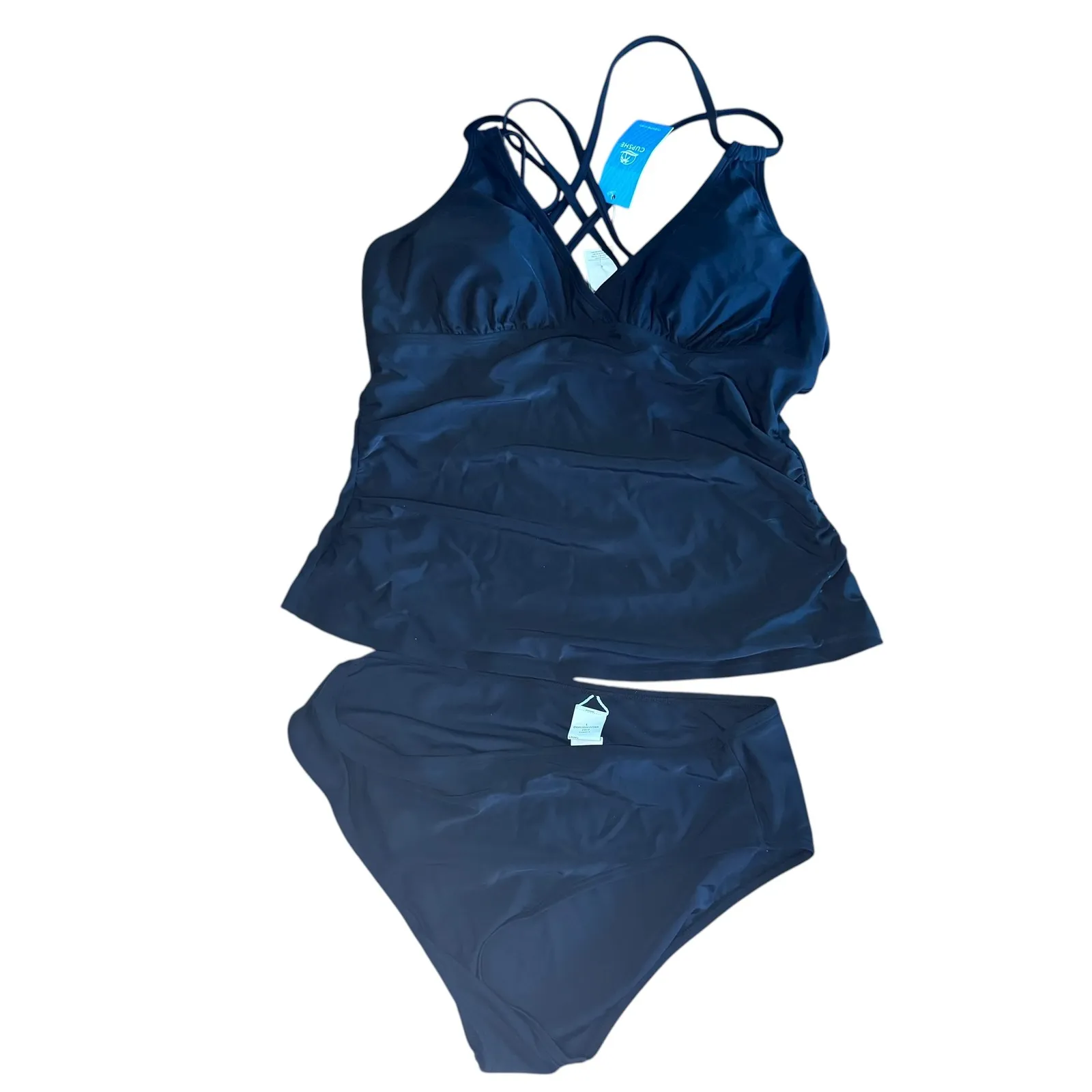 CUPSHE Womens Black Tankini Swimsuit Set Size L Criss Cross Straps - Image 2