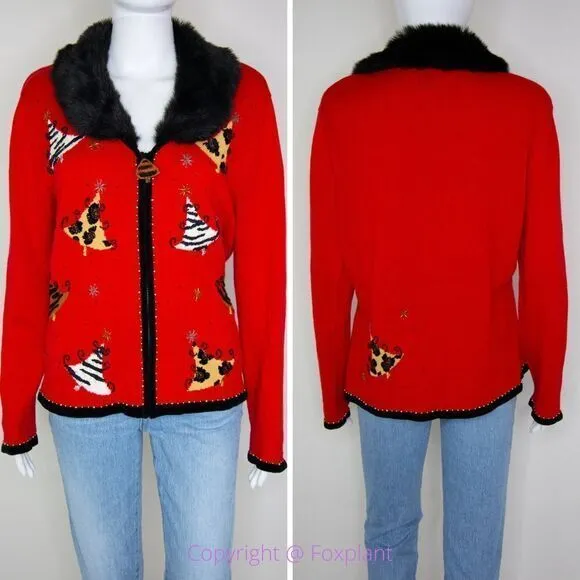 Vintage Berek Christmas cotton blend‎ Faux fur collar beaded red ugly sweater Red Size L - Image 2