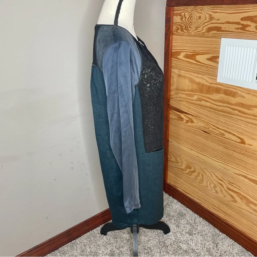 Rebecca Taylor Blue Black Lace Tweed Silk Quarter Zip Long Sleeve Mini Dress 2 - Image 2