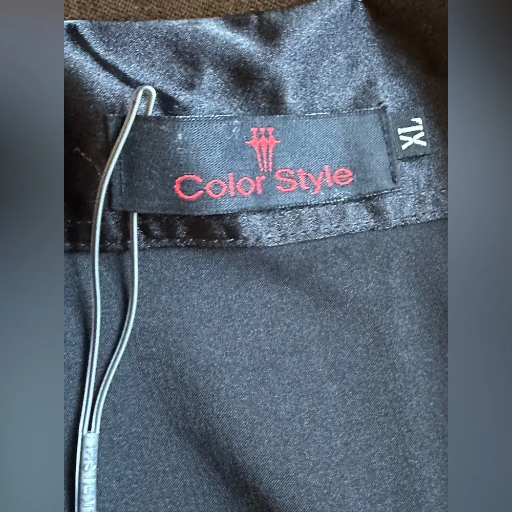 Color Style Black Satin short Striped Sleeves Metal Buttons V Neck Ruffles SZ XL - Image 14