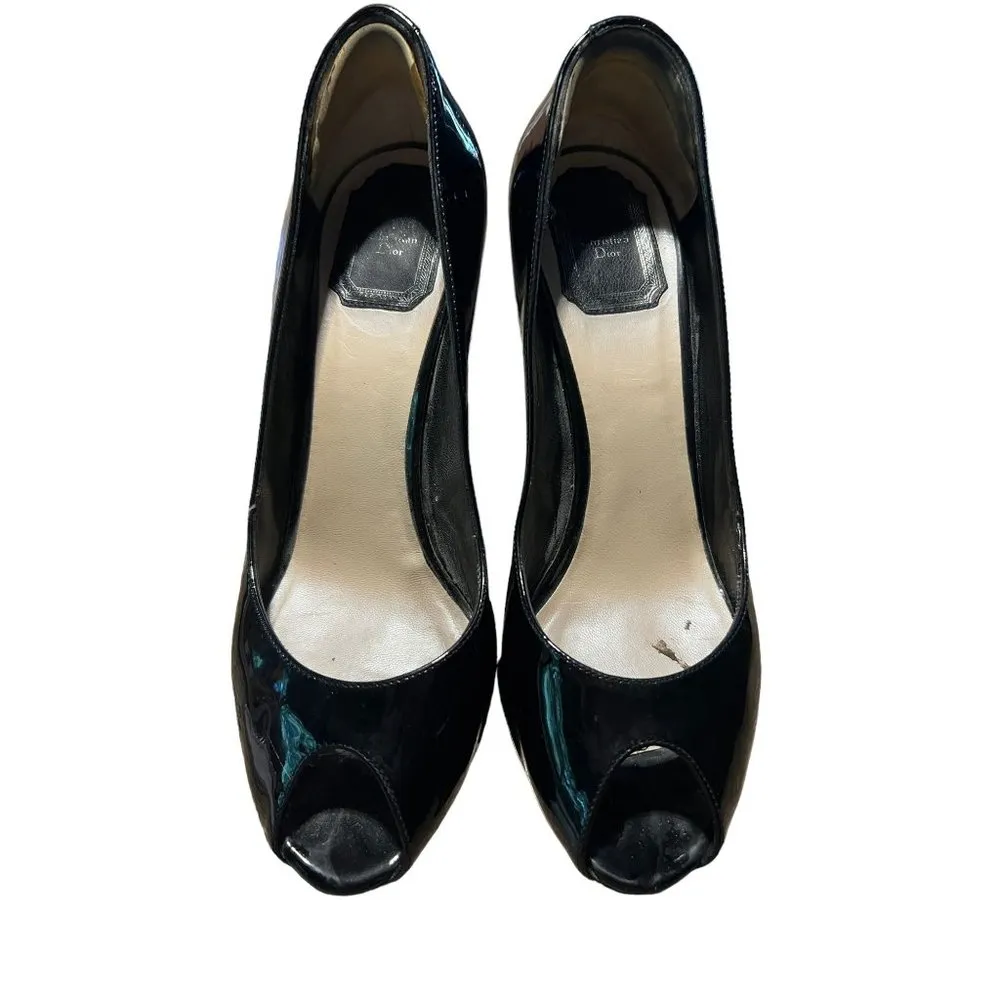 Christian Dior Black Patent Leather Platform Heels Peep Toe 4" heel 38.5 US 8.5 - Image 2