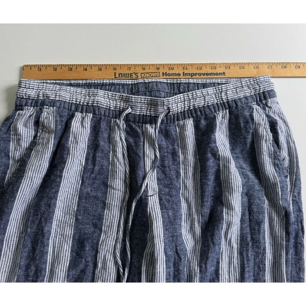 Old Navy New Women’s Linen Blend Pants Wide Leg Blue White Stripes Sz L Pull On - Image 5