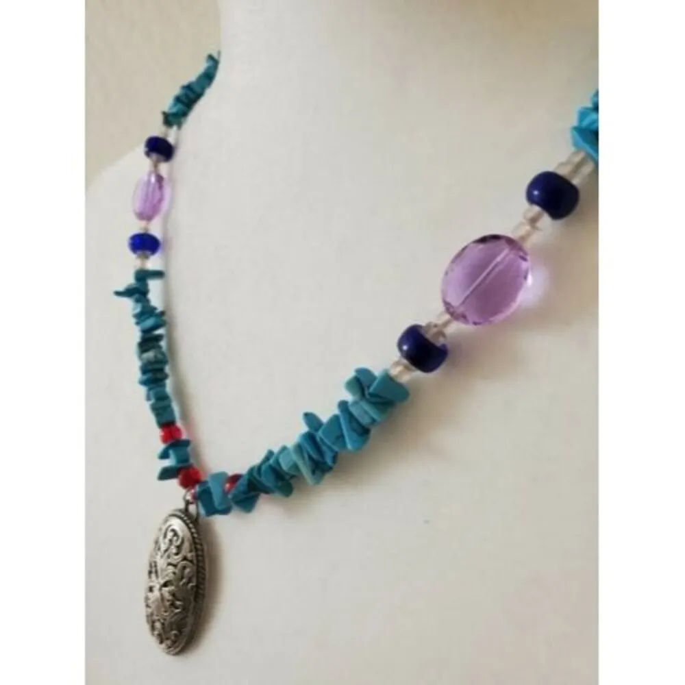 Handmade Turquoise Glass Bead Agate Necklace Loop Closure Pierced Pendant - Image 5