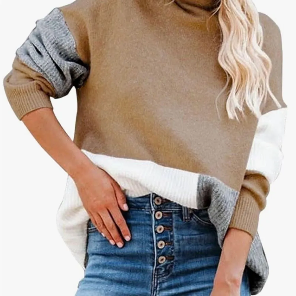 Colorblock Pullover Soft & Cozy Mock Neck‎ Shop Wanna B Large Tan - Image 2
