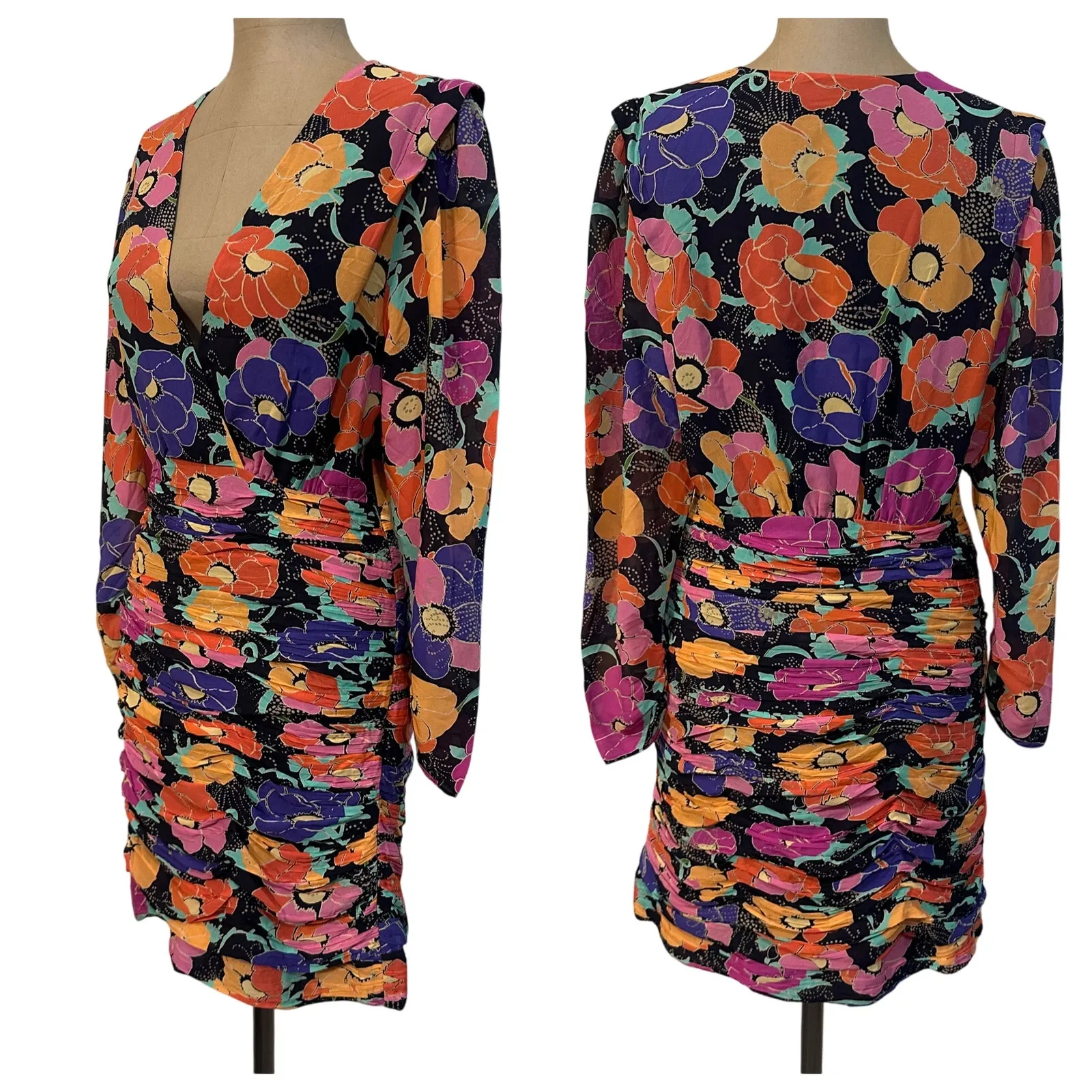 RIXO Mini Dress Black and Pink Floral Silk V Neck Sheath Ruched Skirt Size 6 - Image 7