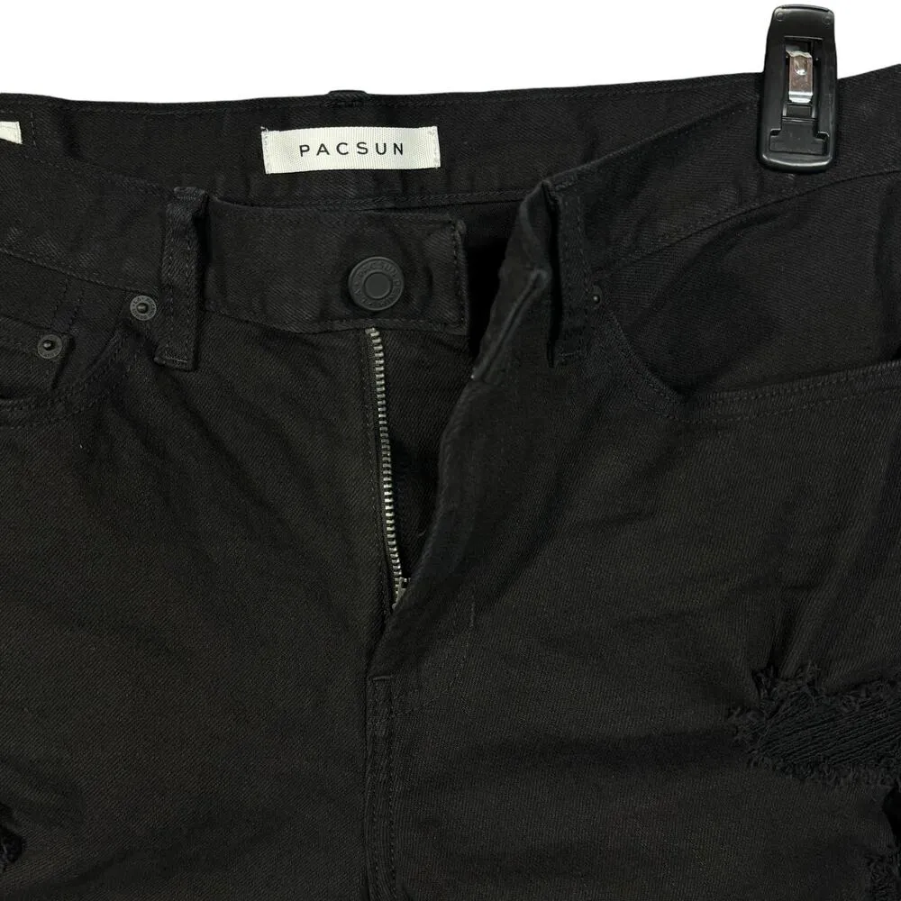 PacSun SZ 31 Skinny Bermuda Jean Shorts Distressed Mid-Rise Frayed Hems Black - Image 2
