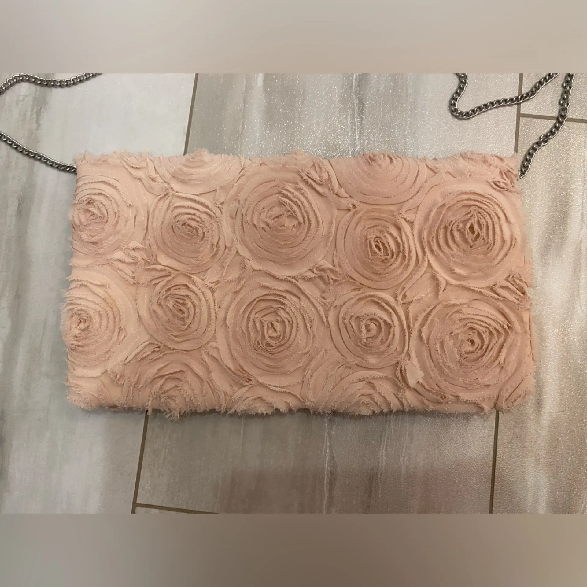 Blush Pink H&M Large Clutch & Shoulder Bag with Rosettes and Metal Chain - Image 5
