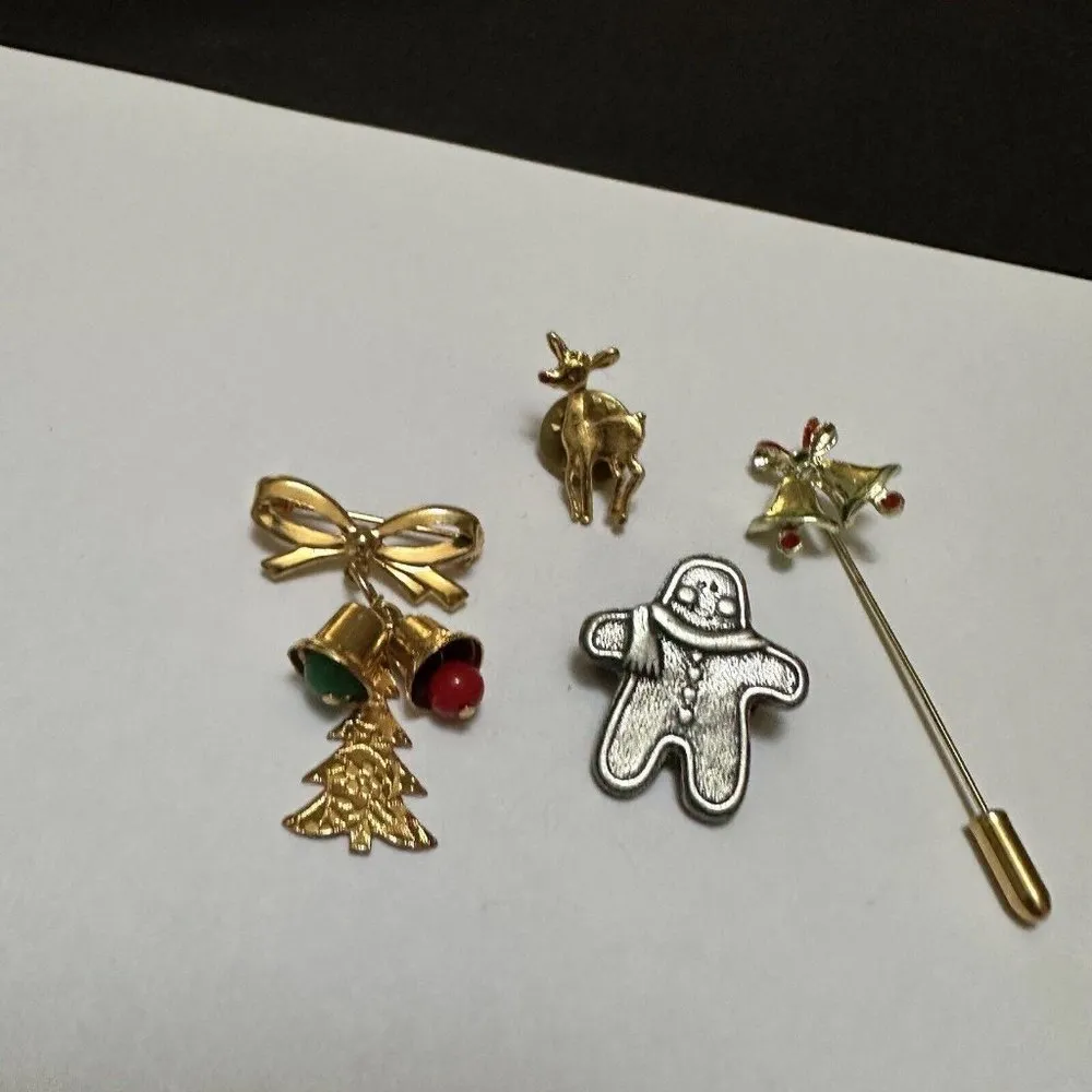 Lot Of 4 Brooch Pins Christmas Holiday Gingerbread Man, Bells, Deer - Image 2
