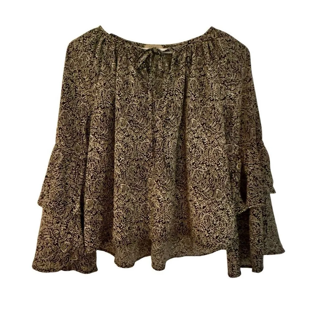 Anama black and white vine floral print chiffon bell sleeve blouse M - Image 2