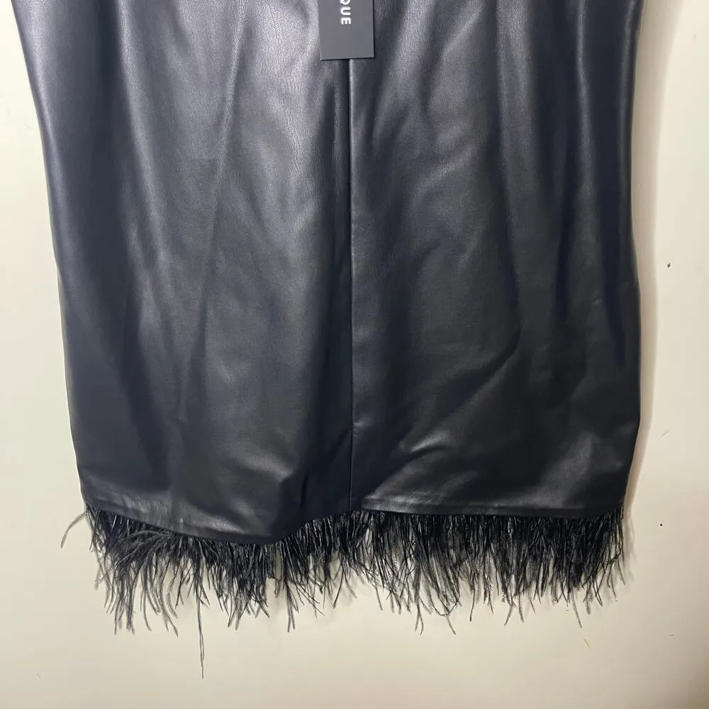 NWT LAMARQUE Mollie mini dress features vegan leather & feather trim sz L Black Size L - Image 10