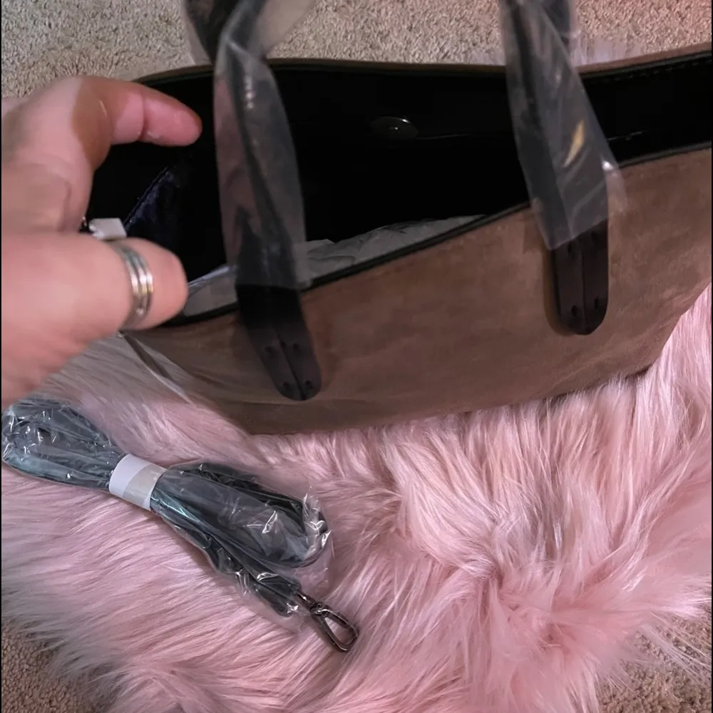 Neiman Marcus Mini Faux Suede Taupe Crossbody Tote Bag - Image 10