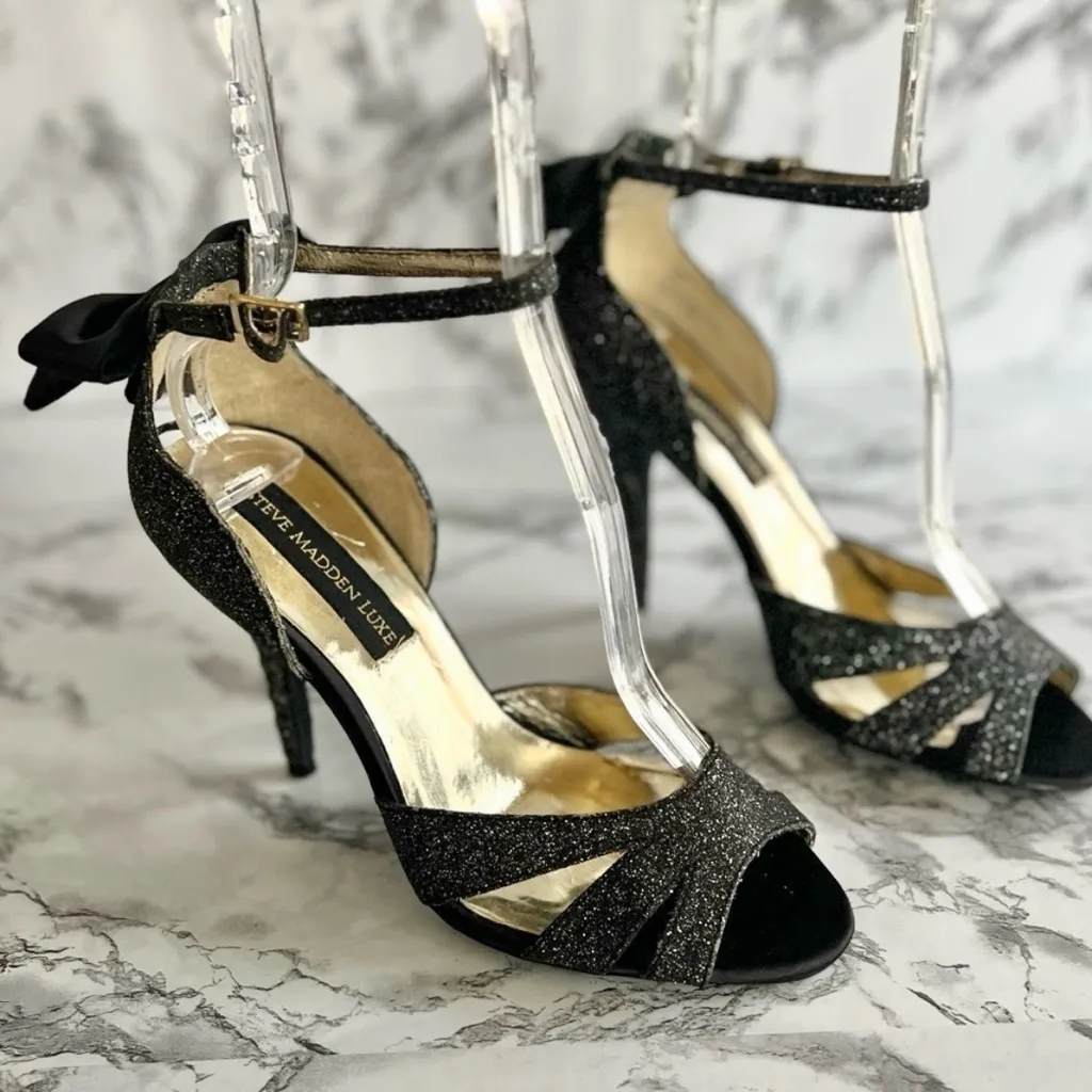 Steve Madden Luxe Craze Sandals Black Bow Ankle Strap Glitter 7.5 Cocktail - Image 2